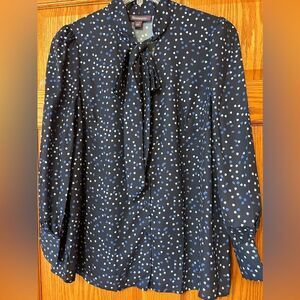 Roaman’s size 12W navy blue polka dotted neckline tie button front